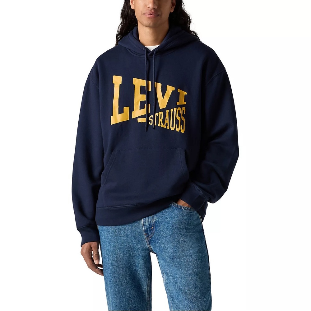 Levi's Men's Yellow Logo Hooded Relaxed Fit Sweatshirt Navy Blue S